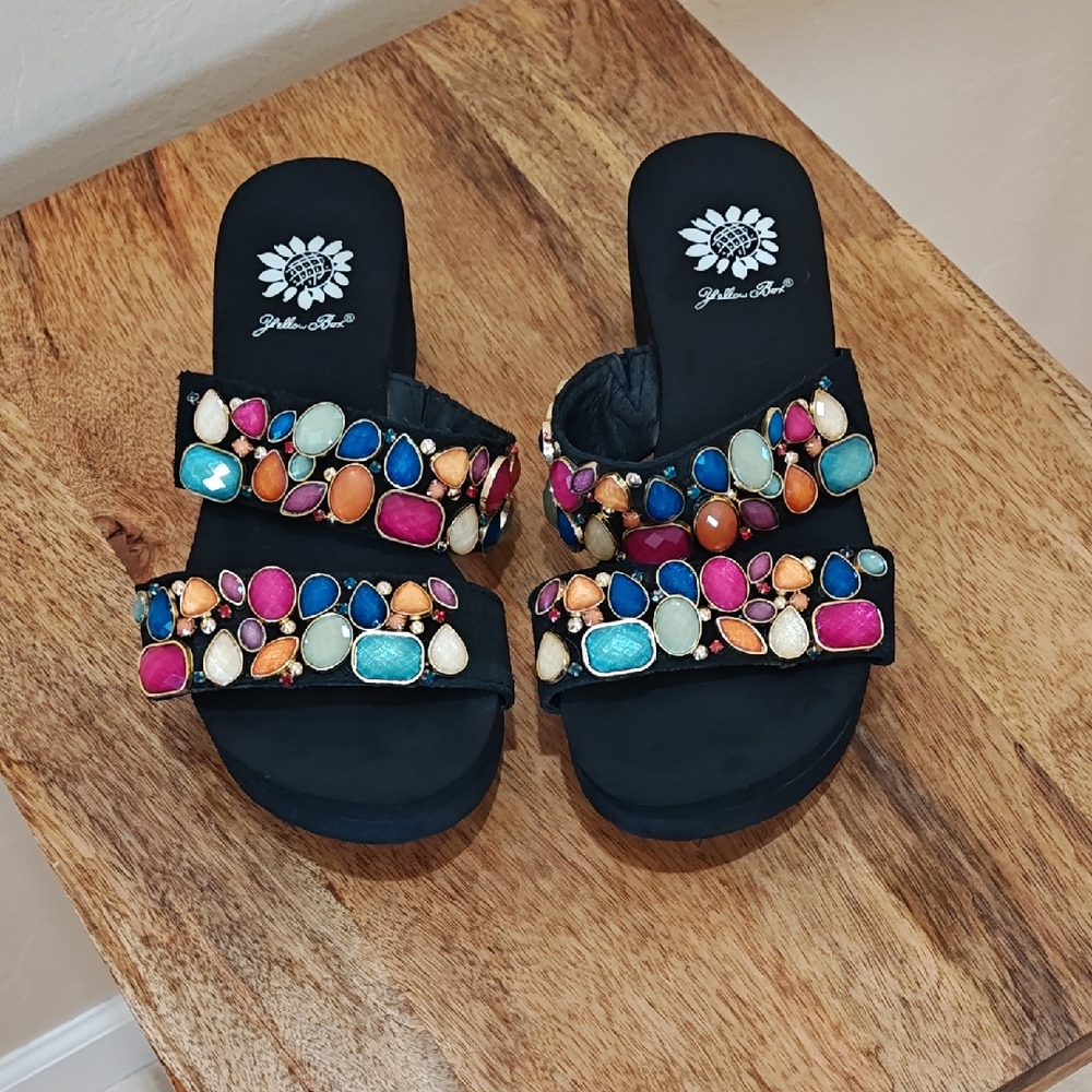 Yellow Box Black Slide Sandals with Colorful Gem Accents